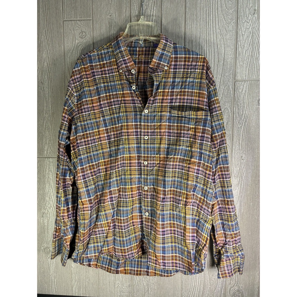 Alan Flusser Mens XL Plaid Shirt Multicolor Long Sleeve Button Down 100% Cotton